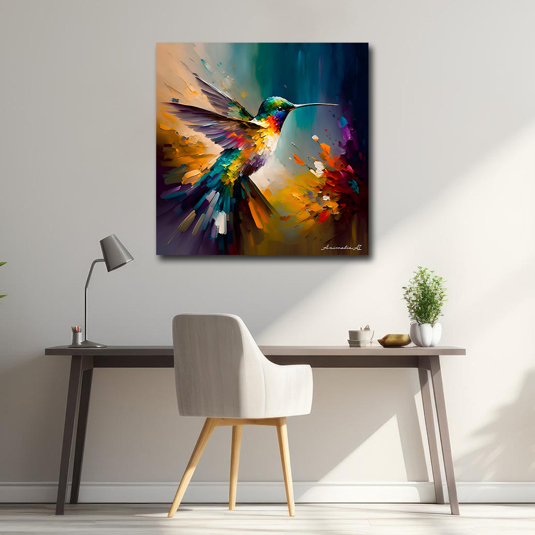 Canvas Painting Wall Frame | Modern Abstract Hummingbird in Flight | High-Texture Palette Knife Bird Portrait | Modern Wall Art Decors (18X18 Inches) Colorful abstract painting of a hummingbird on a wall above a desk.