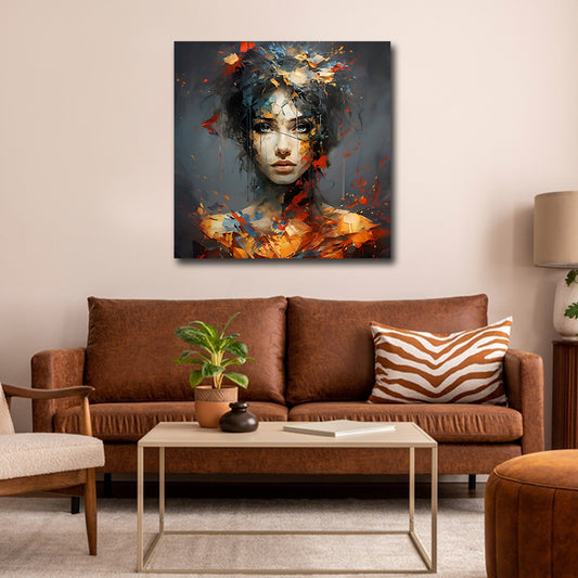 Canvas Painting Wall Frame | Modern Abstract Woman Portrait with Moody Grey & Red Palette Knife Textures | Modern Wall Art Decors (18x18 Inches) Living room with a brown sofa, coffee table, and decorative painting on the wall.