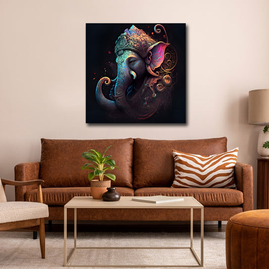 Canvas Painting Wall Frame | Modern Spiritual Lord Ganesha Portrait | Modern Wall Art Decors (24x24 Inches) Living room with a colorful abstract painting of a deity on the wall above a brown sofa.