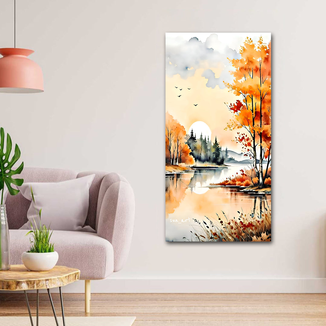 Canvas Painting Wall Frame | Serene Autumn Lakeside Watercolor Scenery | Big Large Size Nature Landscape Wall Art (24x48 Inches) Painting of an autumn landscape hanging on a wall above a sofa.