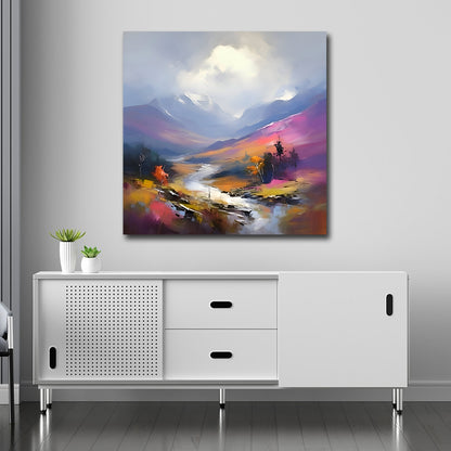 Canvas Painting Wall Frame | Serene Impressionist Mountain River Landscape | Vibrant Purple and Gold Valley Modern Wall Art Decors (24x24 Inches) Colorful abstract painting on a wall above a white cabinet with decorative plants.