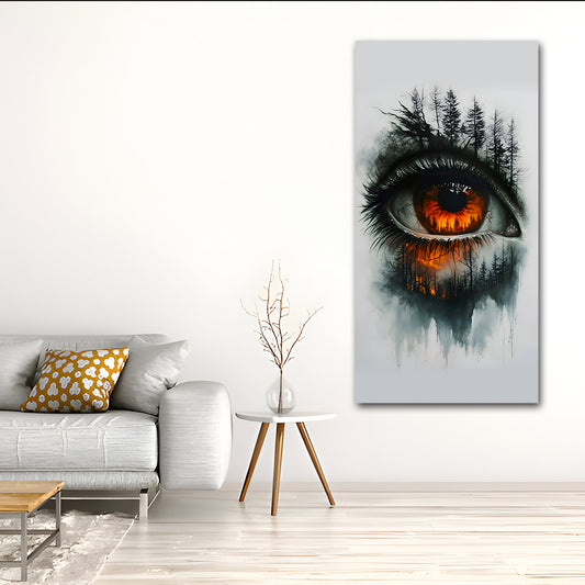 Canvas Painting Wall Frame | Surreal Forest Eye Abstract Art with Fiery Iris | Big Large Size Modern Symbolic Wall Art (24x48 Inches) Modern living room with a large abstract painting of an eye on the wall.