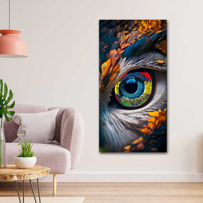 Canvas Painting Wall Frame | Surreal Forest Guardian Eye Abstract | Big Large Size Contemporary Animal Spirit Wall Art (24x48 Inches) Colorful feather art piece on a wall in a living room setting.