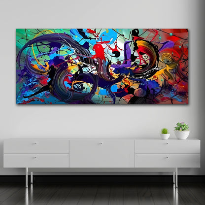 Canvas Painting Wall Frame | Vibrant Abstract Fluid Ink Splash Art | Big Large Size Modern Multi-Color Expressionist Wall Frame (48x24 Inches) Abstract colorful painting on a wall above a white cabinet.