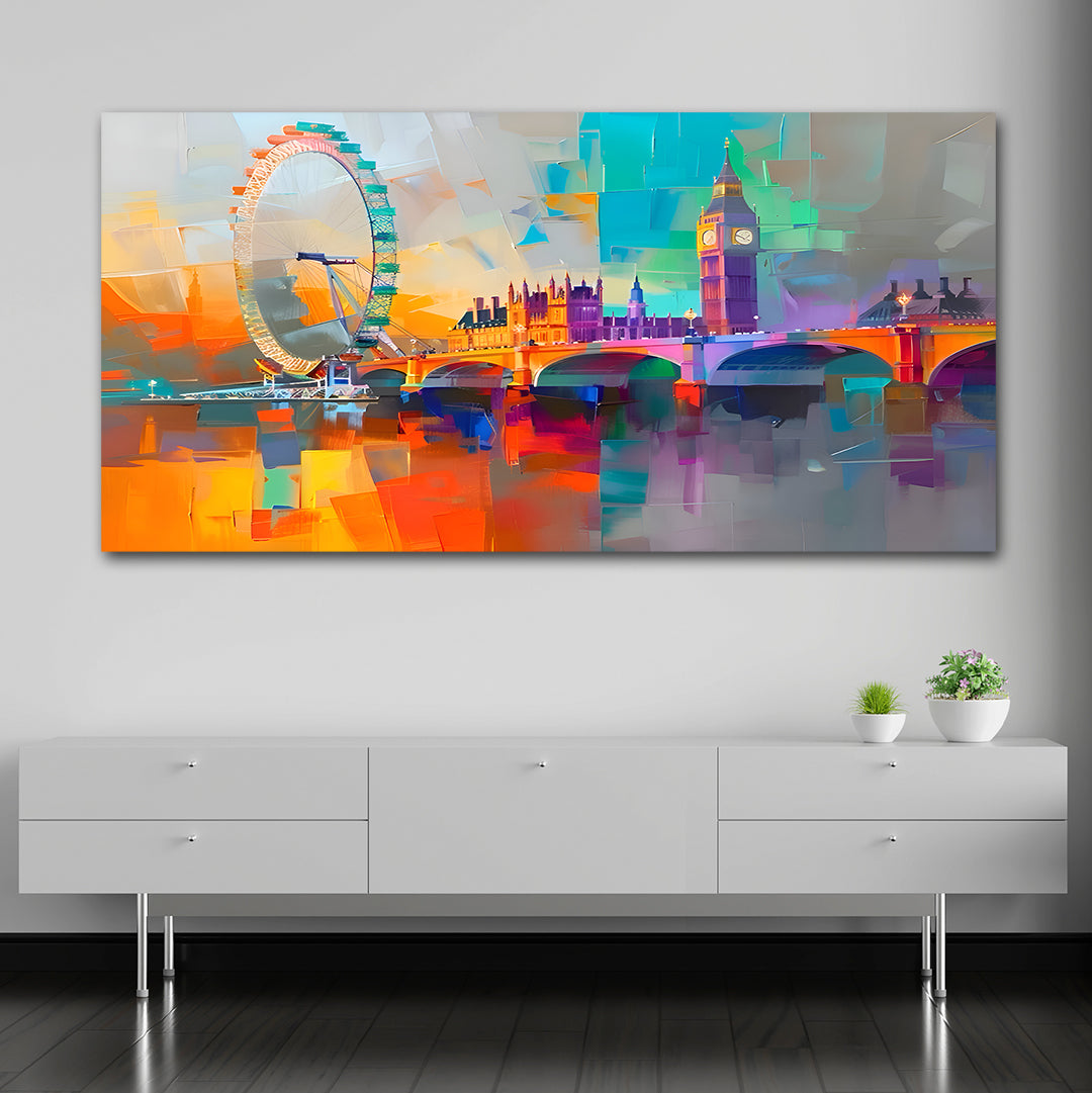 Canvas Painting Wall Frame | Vibrant Abstract London Skyline | Impressionist Big Ben and London Eye Big Large Size Painting (48x24 Inches) Colorful abstract painting of London landmarks on a wall above a white dresser.