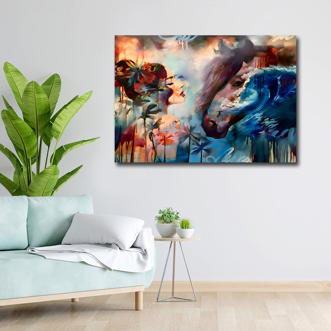 Canvas Painting Wall Frame | Vibrant Oil-Style Horse & Girl Abstract Dreamscape | Modern Wall Art Decors (18x18 Inches) Colorful abstract painting on a wall above a light blue sofa with a plant and small table.