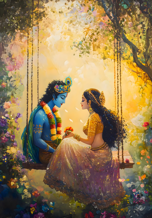 Canvas Painting of Radha Krishna | Painting For Living Space Decor Painting of a couple on a swing surrounded by flowers and nature
