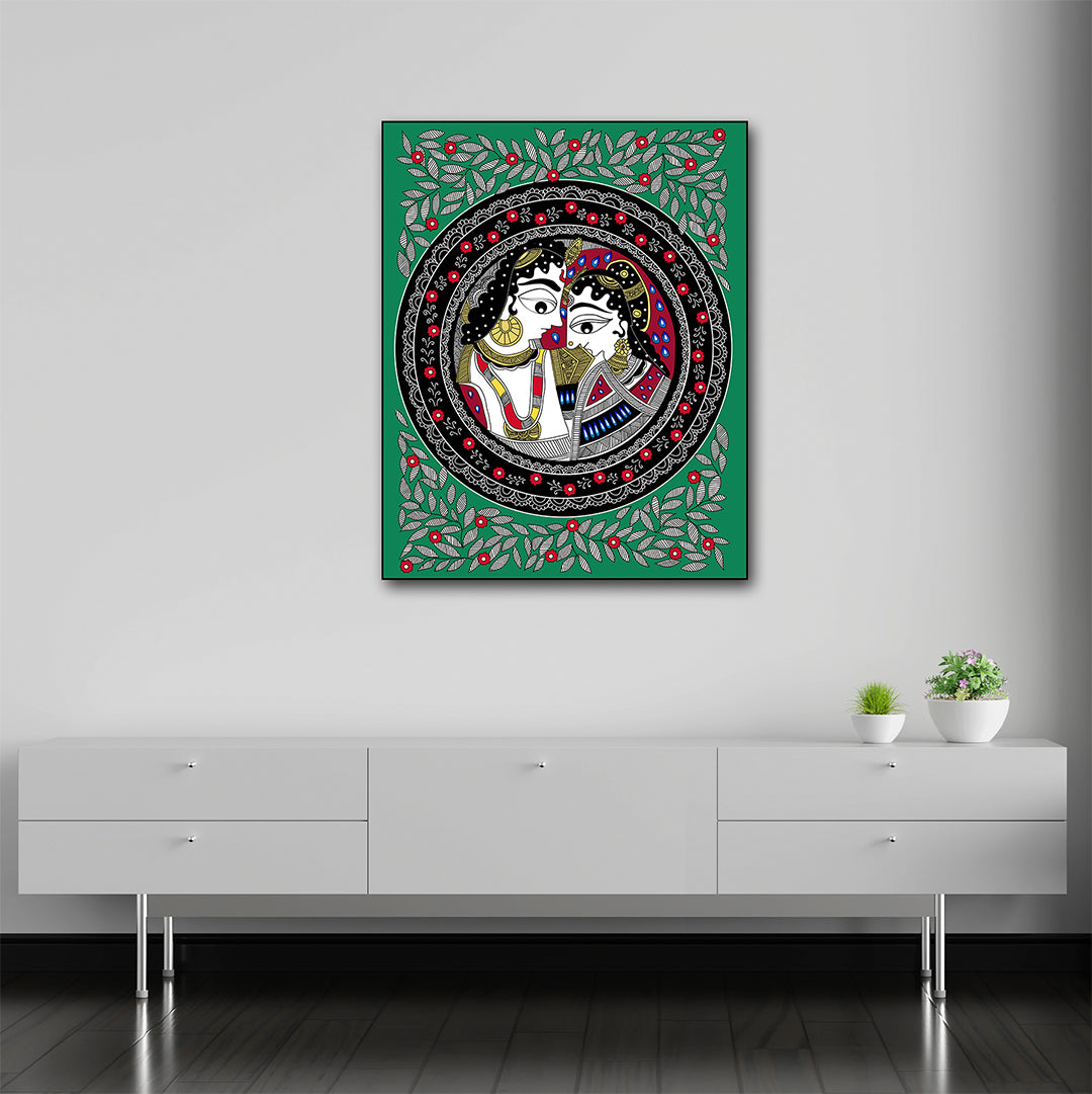Canvas Pichwai Painting Wall Frame | Traditional Madhubani Radha Krishna Art | Ethnic Indian Folk Portrait with Leafy Circular Border Modern Wall Art Decors Decorative wall art with intricate design on a green background, displayed in a modern living room.