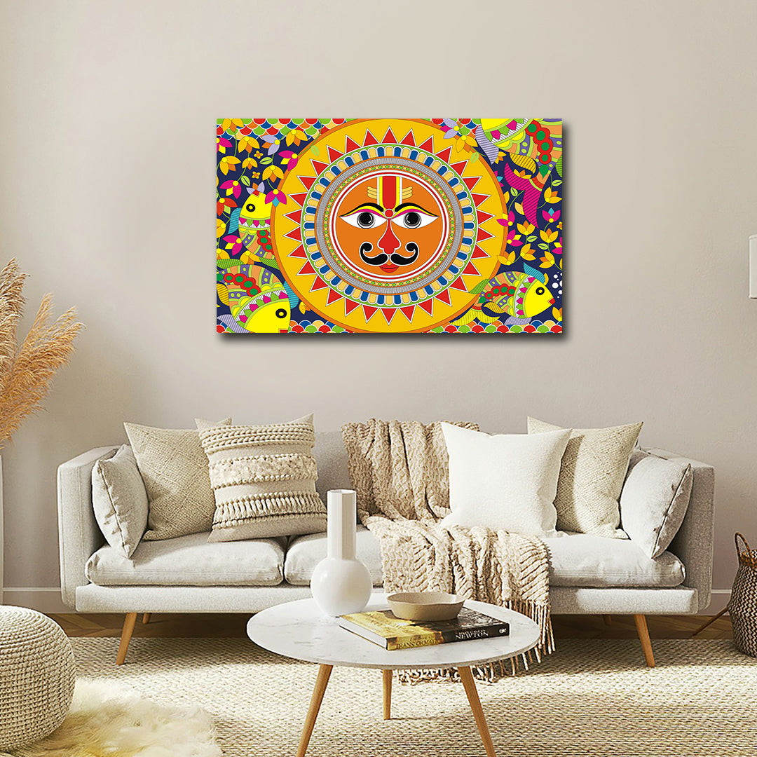Canvas Pichwai Painting Wall Frame | Traditional Madhubani Sun and Fish Art | Vibrant Surya Dev with Ethnic Floral Patterns Modern Wall Art Decors (24x18 Inches) Colorful abstract painting on a wall above a sofa in a living room.