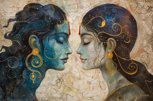 Canvas Wall Decor of Radha Krishna | Lord Krishna Canvas Painting Artistic depiction of two faces with intricate designs and flowing hair against a textured background.