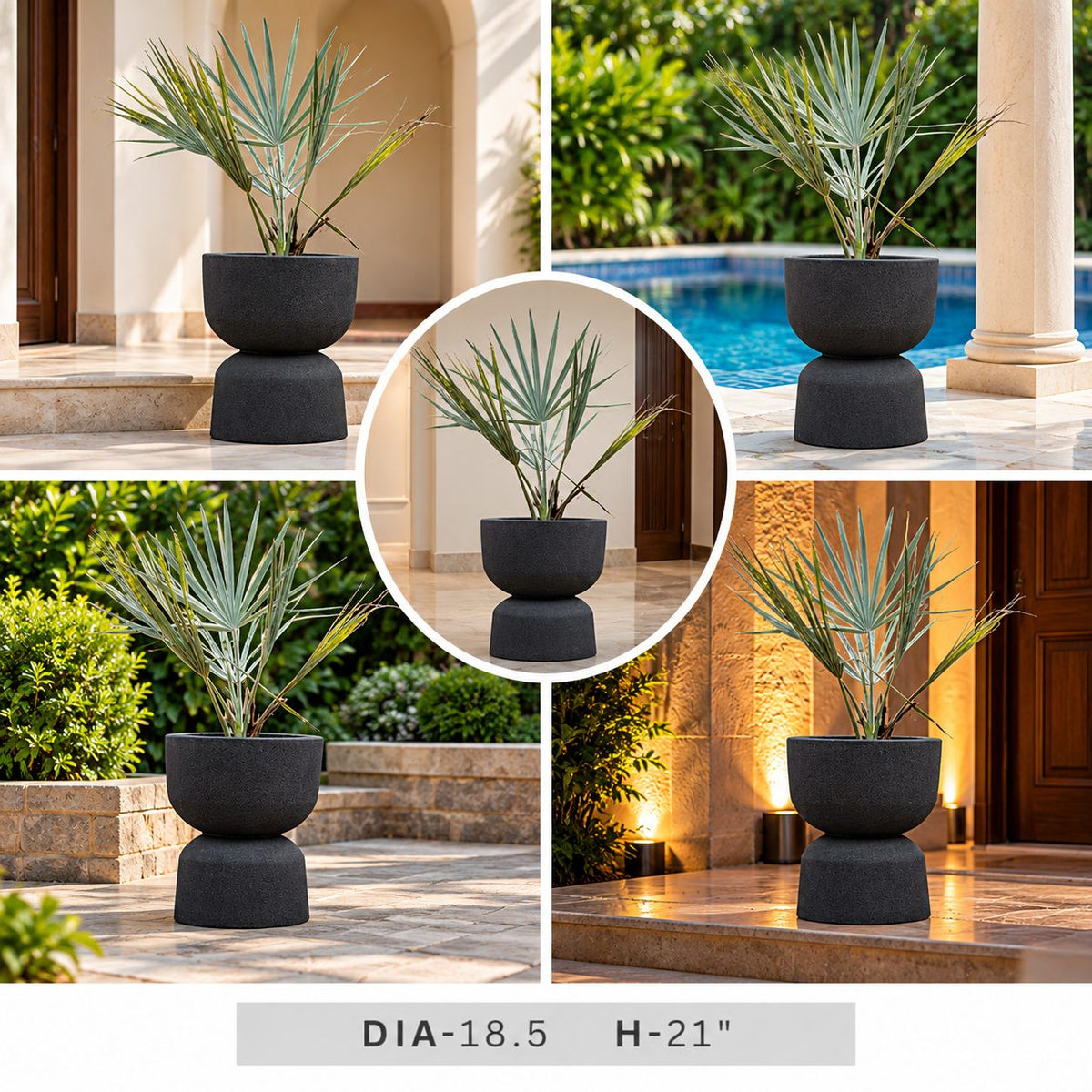 Modern charcoal pedestal bowl planter with ornamental green foliage, 18.5 inch diameter decorative planter for contemporary indoor outdoor spaces