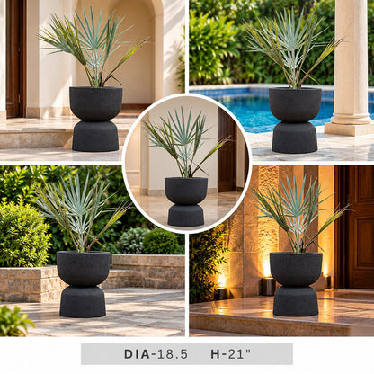 Modern charcoal pedestal bowl planter with ornamental green foliage, 18.5 inch diameter decorative planter for contemporary indoor outdoor spaces
