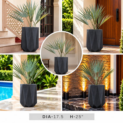 Modern charcoal polygon planter with green ornamental foliage, 17.5 inch diameter decorative plant pot for indoor and outdoor spaces