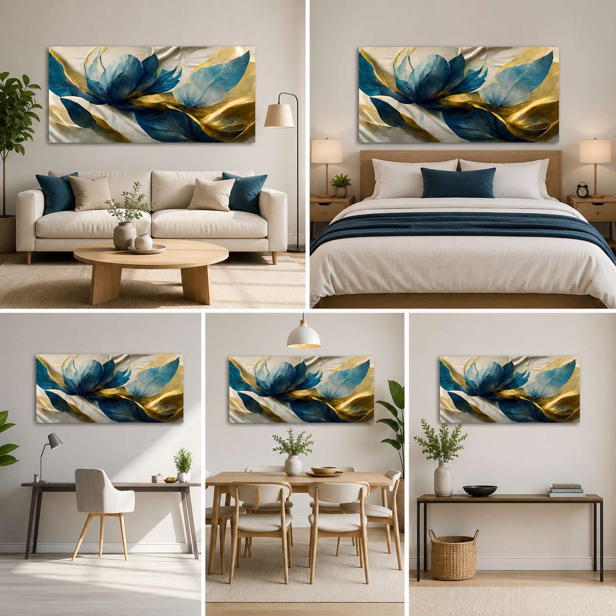 Luxury Blue & Gold Floral Canvas Wall Art for Modern Canvas Painting