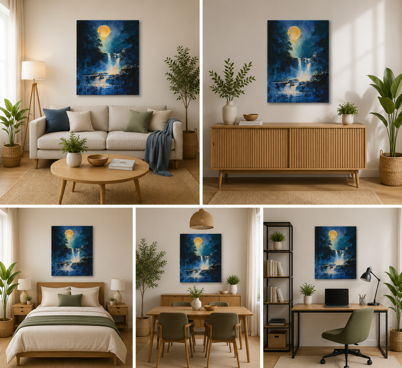 Moonlit Waterfall Canvas Wall Art for Modern Home Decor
