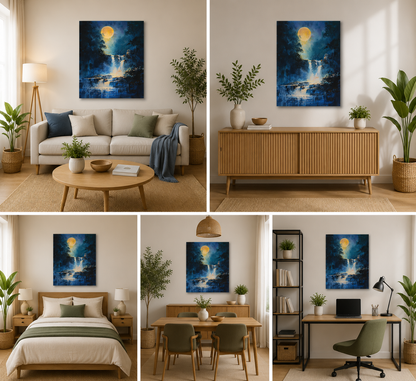 Moonlit Waterfall Canvas Wall Art for Modern Home Decor