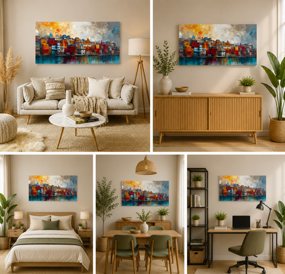 Colorful Riverside Cityscape Canvas Wall Art for Modern Home Decor