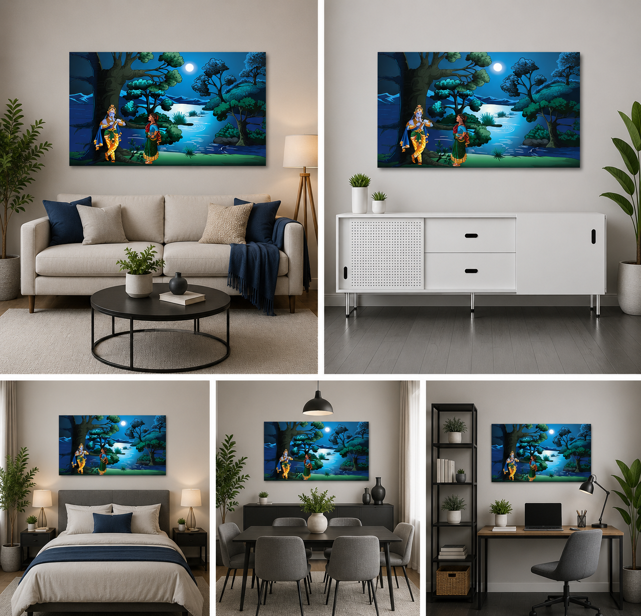 Moonlit Radha Krishna Canvas Wall Art for Spiritual Home Decor