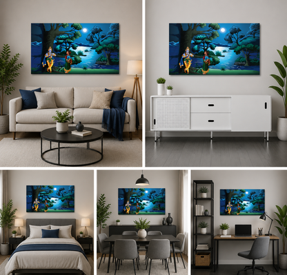 Moonlit Radha Krishna Canvas Wall Art for Spiritual Home Decor