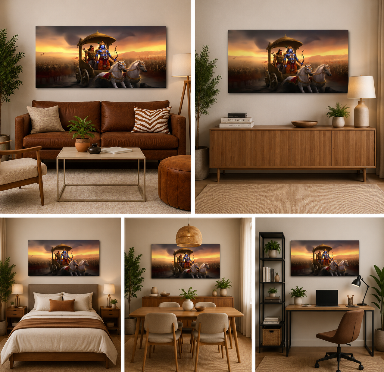 Krishna Arjuna Kurukshetra War Scene Wall Painting | Mahabharata Canvas Art