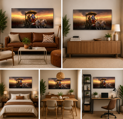 Krishna Arjuna Kurukshetra War Scene Wall Painting | Mahabharata Canvas Art
