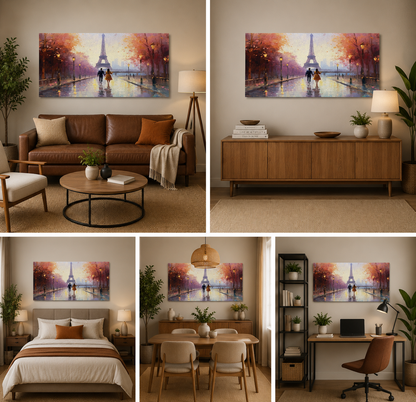 Romantic Paris Eiffel Tower Couple Wall Painting | Rainy Street Love Canvas Art