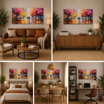 Romantic Rainy Street Couple Wall Painting | Colorful Modern Canvas Art