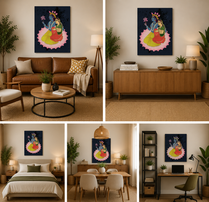 Radha Krishna Lotus Wall Painting | Divine Couple Canvas Art for Home Decor