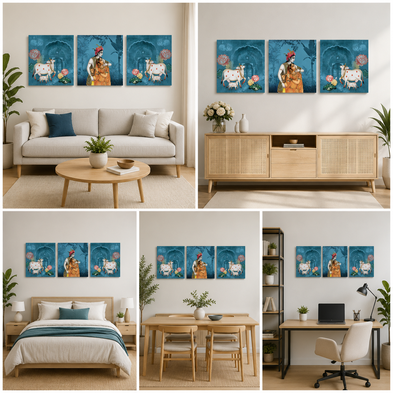Radha Krishna with Kamdhenu Cow Triptych Canvas Painting Wall Art Each Size