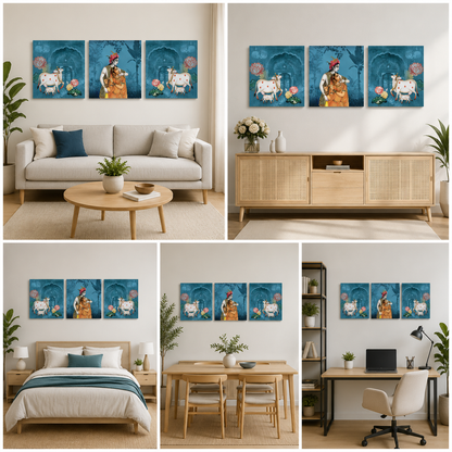 Radha Krishna with Kamdhenu Cow Triptych Canvas Painting Wall Art Each Size
