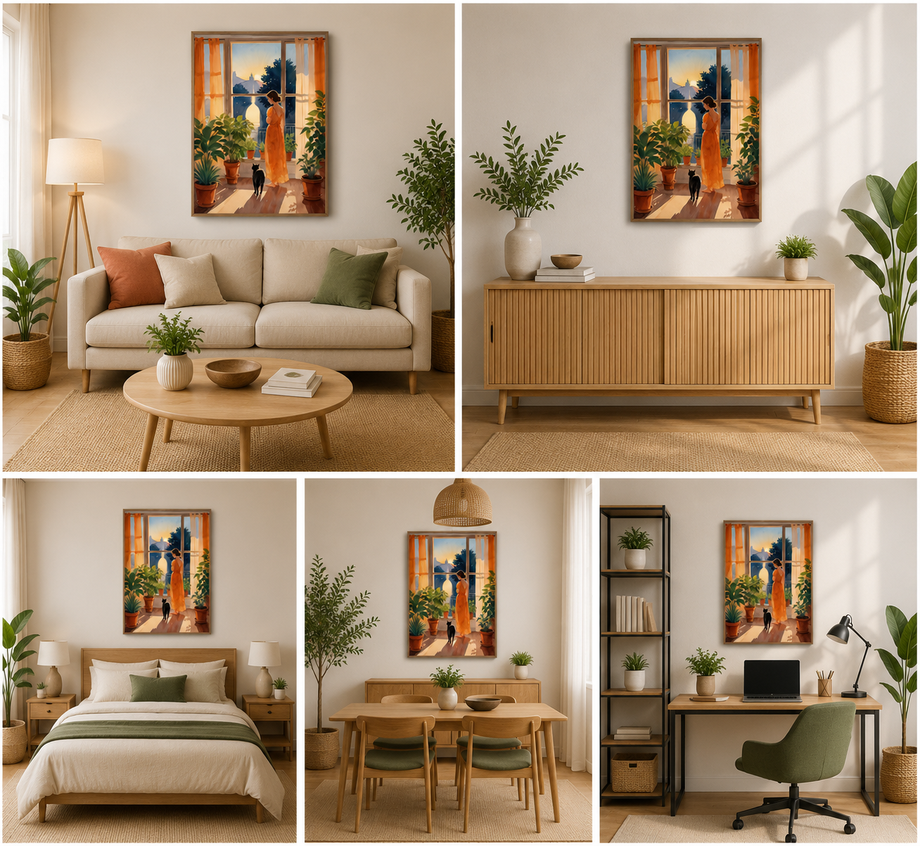 Woman at Window with Plants Canvas Painting Wall Art for Living Room