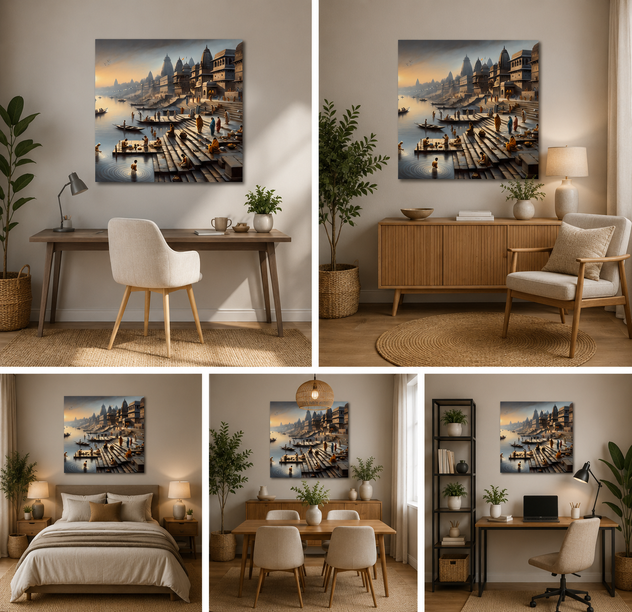 Varanasi Ghat Wall Painting | Spiritual Banaras River Scene Canvas Art