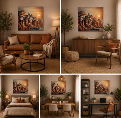 Varanasi Ganga Ghat Wall Painting | Banaras Sunset Canvas Wall Art