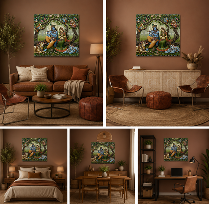 Radha Krishna Wall Painting Under Tree | Traditional Indian Spiritual Canvas Art