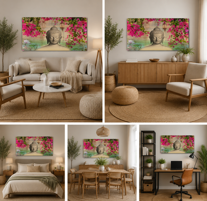 Lord Buddha Wall Painting Floral Background | Peaceful Canvas Wall Art
