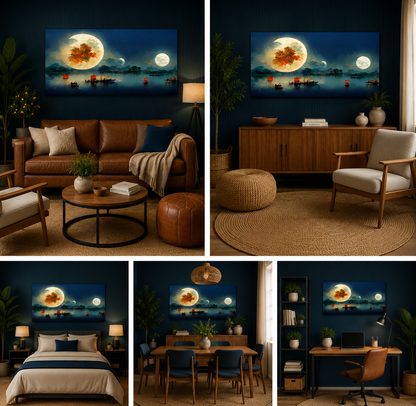 Moonlight Lake Landscape Wall Painting | Dreamy Night Canvas Wall Art