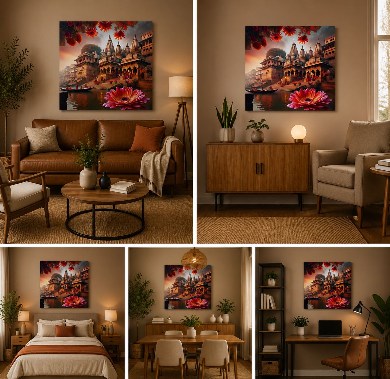 Varanasi Temple Ghat Wall Painting | Spiritual Ganga River Canvas Art