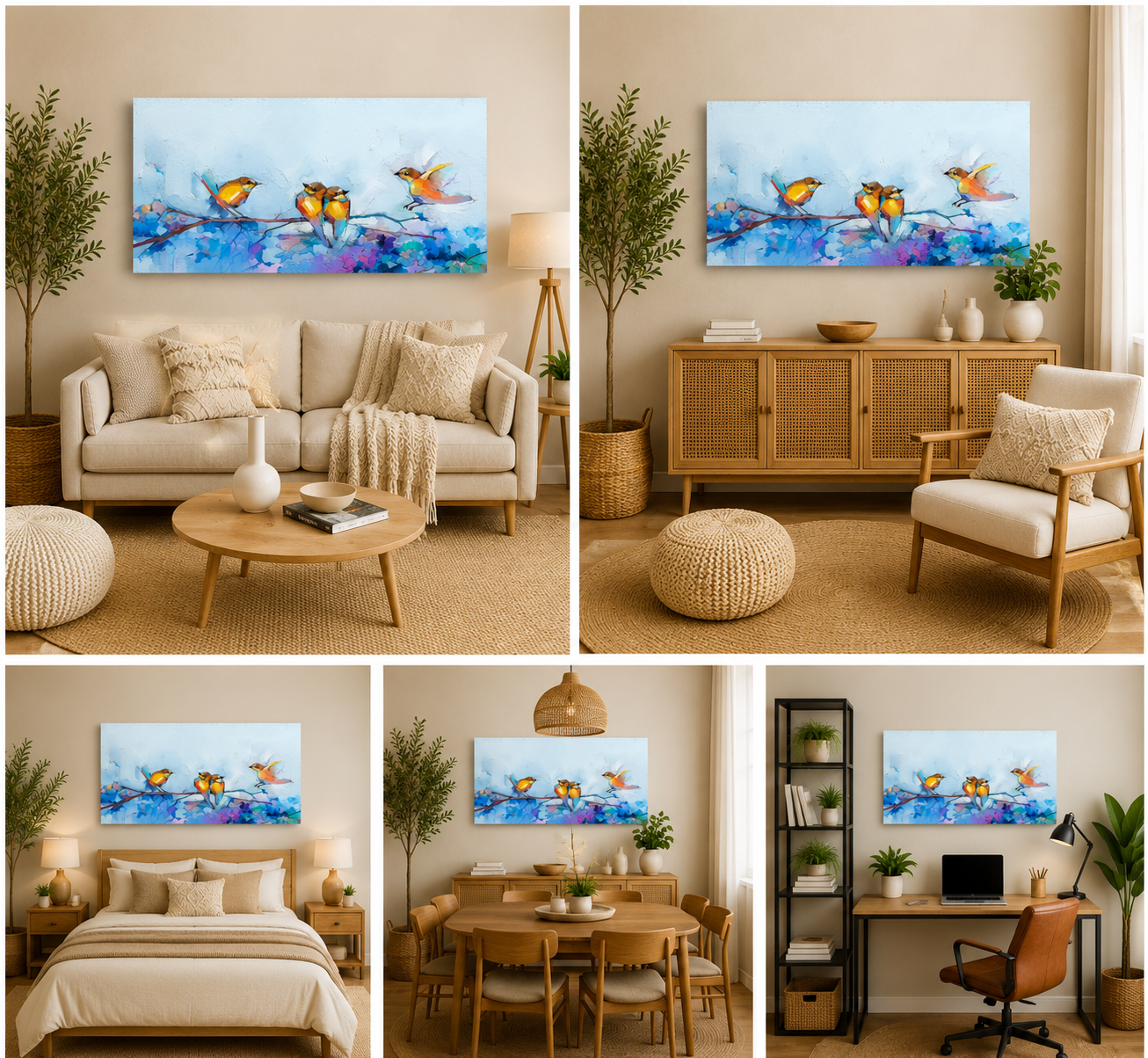 Abstract Birds on Branch Canvas Wall Art for Modern Home Decor