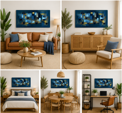 Abstract Blue Geometric Canvas Painting Art for Modern Home Decor
