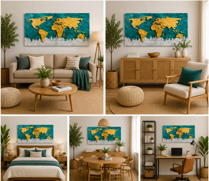 Luxury Gold World Map Abstract Canvas Painting for Living Room