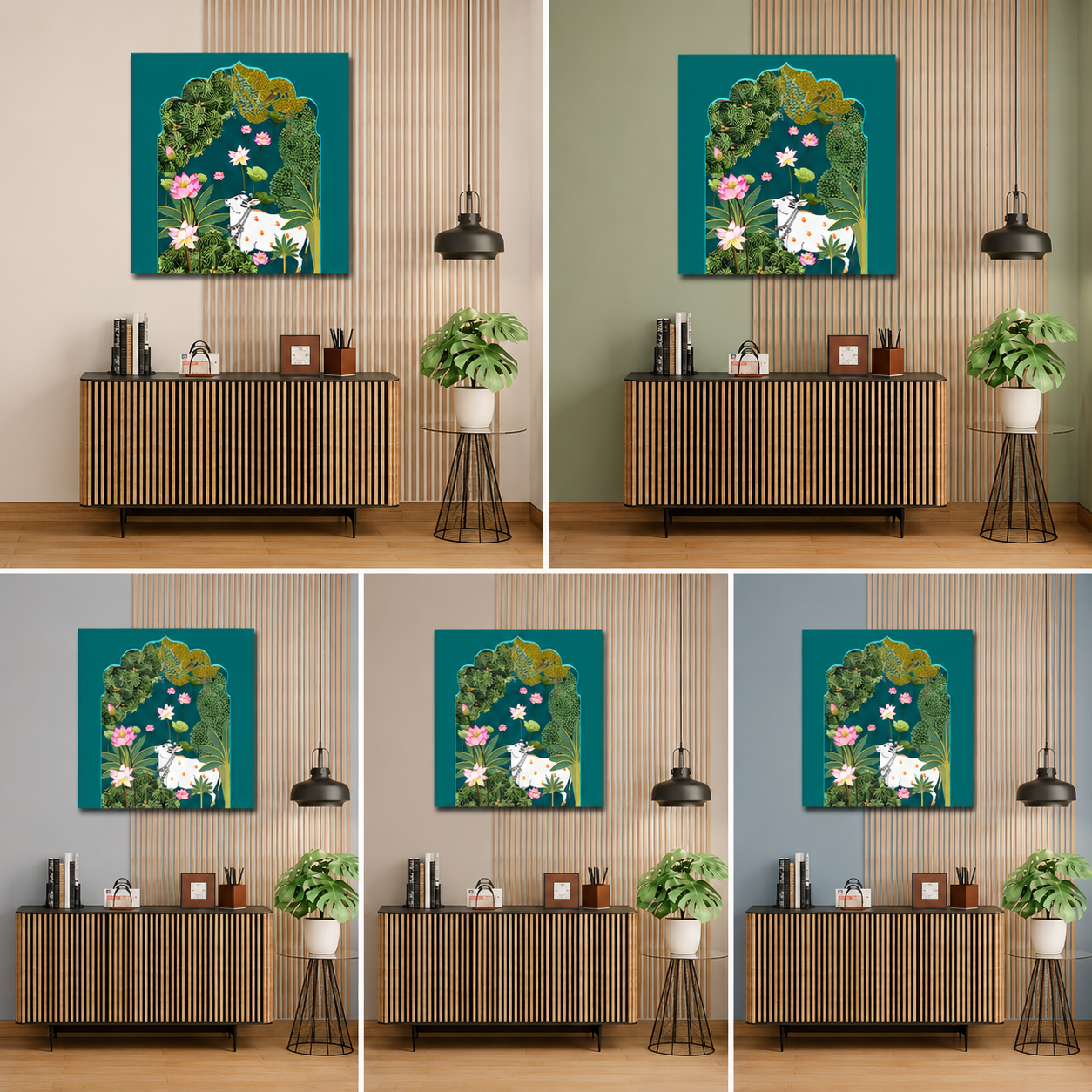 Traditional Indian Pichwai Cow Art | Sacred Kamdhenu Lotus Modern Wall Art Decor