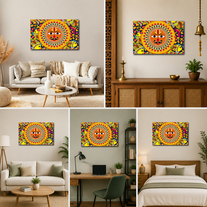 Madhubani Sun and Fish Art | Vibrant Surya Dev Canvas Painting