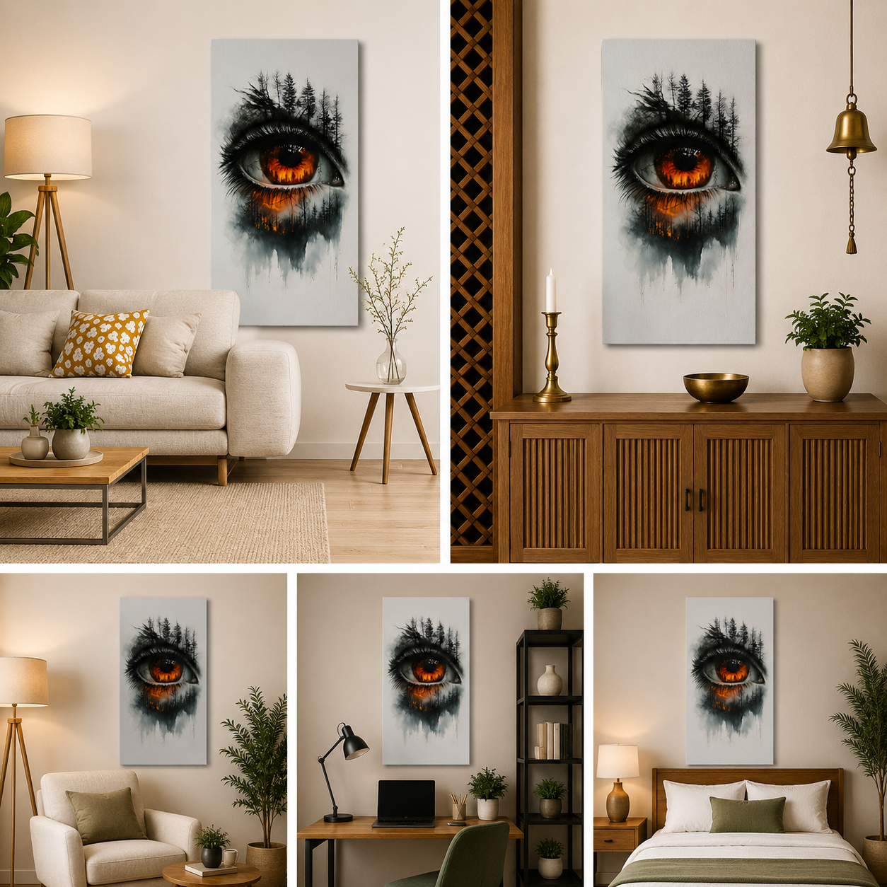 Surreal Forest Eye Abstract Art with Fiery Iris | Modern Symbolic Wall Art