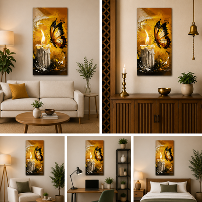 Golden Butterfly and Burning Candle Abstract Art | Vertical Wall Frame for Wall Decor