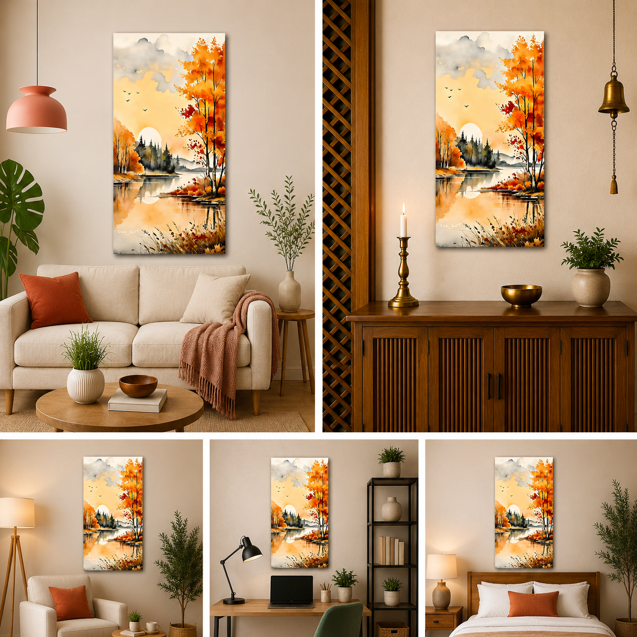 Autumn Lake Landscape Canvas Painting Wall Art for Elegant Modern Decor