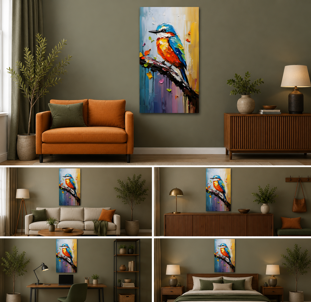 Vibrant Kingfisher Bird Canvas Wall Frame | Big Large Palette Knife Animal Art