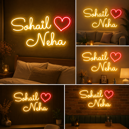 Custom Couple Name Neon Sign with Heart LED Wall Light Big Size Wedding & Bedroom Decor (20 by 18 inches)