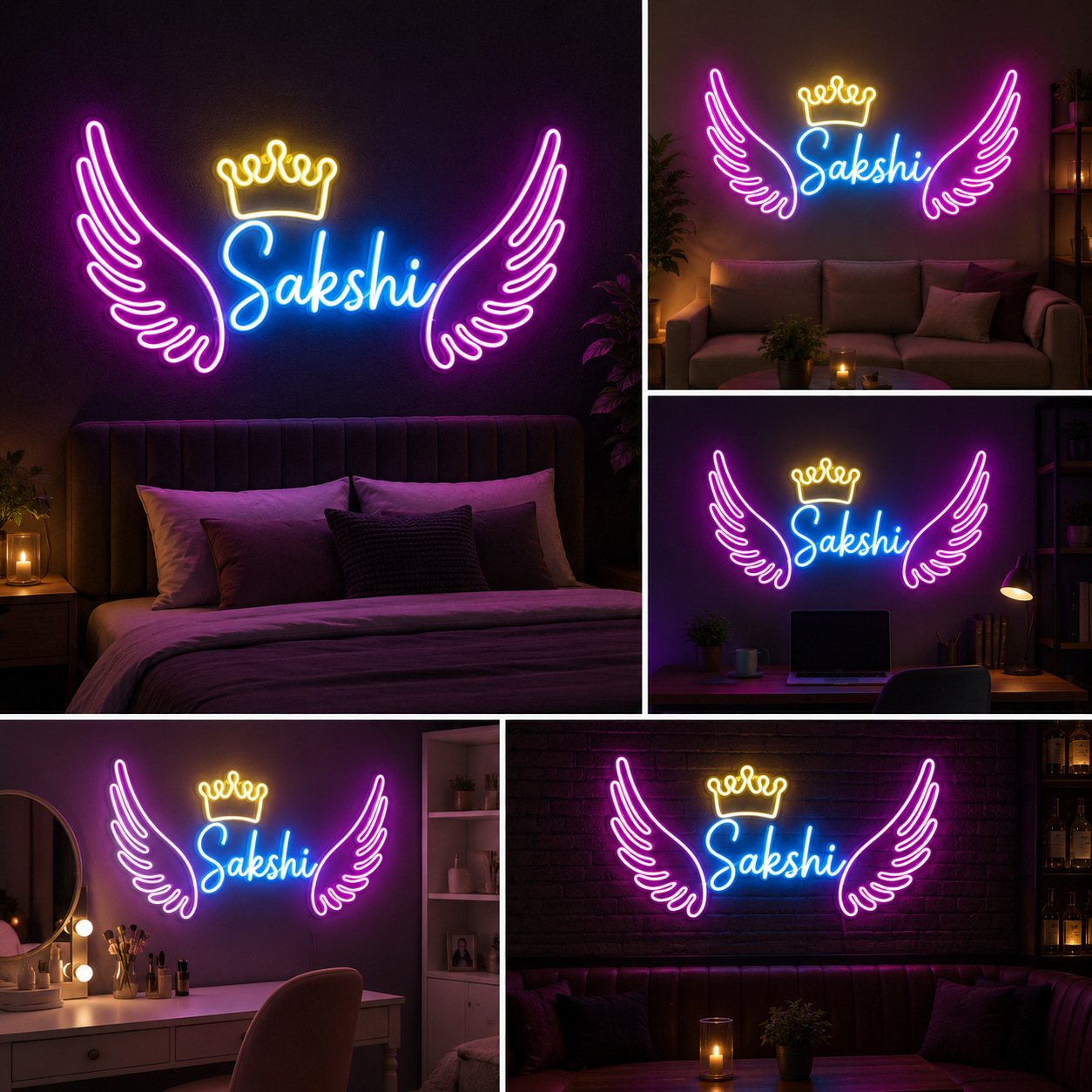 Custom Name Neon Sign with Wings and Crown LED Wall Light Big Size Personalized Room Decor (24 by 15 inches)