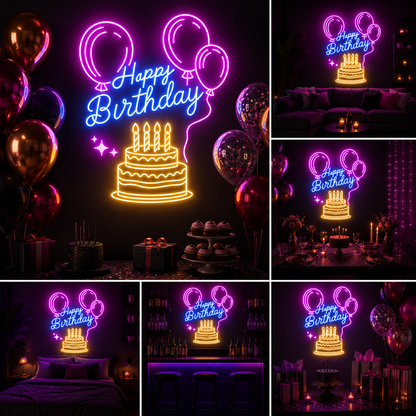 Happy Birthday Cake Custom Neon Sign Board – LED Party Neon Light | Birthday Neon Light Board (20x30 Inches)