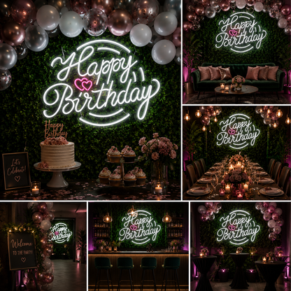 Happy Birthday Elegant Custom Neon Sign Board – LED Celebration Neon Light | Birthday Neon Light Board (20x18 Inches)